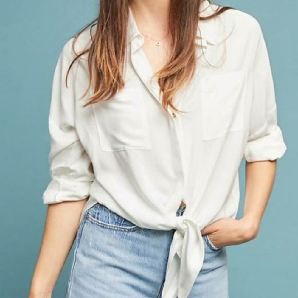 {Anthro} Maeve white button down tie hem